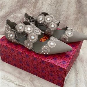 Tory Burch Yasmin embellished D'orsay flat in dust